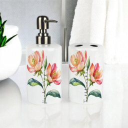 Purely Home Coral Flowers Bathroom Set - Refillable Ceramic Soap Dispenser & Toothbrush Holder - thumbnail 2