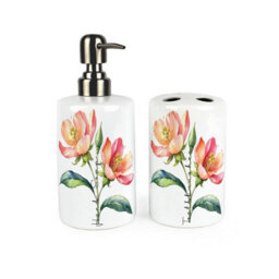 Purely Home Coral Flowers Bathroom Set - Refillable Ceramic Soap Dispenser & Toothbrush Holder