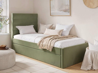 Flair Ari Upholstered Single Bed With Trundle Olive Green Velvet - image 1