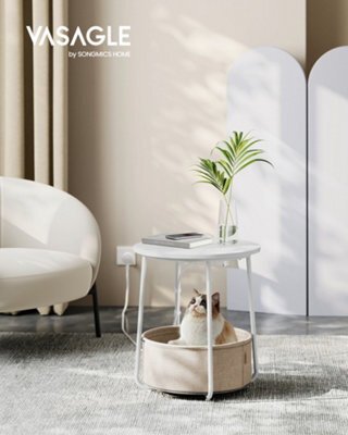 LEDREM Side Table With Charging Station, Round End Table With Power Outlets, Usb Ports, Fabric Basketmatte White And Camel Brown - image 1