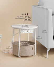 LEDREM Side Table With Charging Station, Round End Table With Power Outlets, Usb Ports, Fabric Basketmatte White And Camel Brown - thumbnail 9