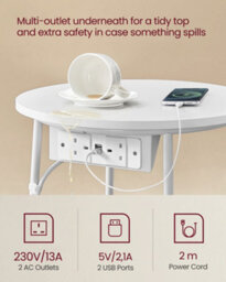 LEDREM Side Table With Charging Station, Round End Table With Power Outlets, Usb Ports, Fabric Basketmatte White And Camel Brown - thumbnail 8