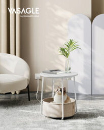 Vasagle Side Table With Charging Station, Round End Table With Power Outlets, Usb Ports,matte White And Camel Brown