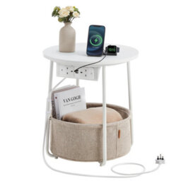 LEDREM Side Table With Charging Station, Round End Table With Power Outlets, Usb Ports, Fabric Basketmatte White And Camel Brown - thumbnail 2