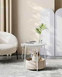 LEDREM Side Table With Charging Station, Round End Table With Power Outlets, Usb Ports, Fabric Basketmatte White And Camel Brown - thumbnail 5
