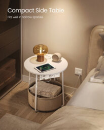 LEDREM Side Table With Charging Station, Round End Table With Power Outlets, Usb Ports, Fabric Basketmatte White And Camel Brown - thumbnail 6