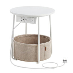 LEDREM Side Table With Charging Station, Round End Table With Power Outlets, Usb Ports, Fabric Basketmatte White And Camel Brown - thumbnail 3