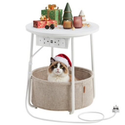LEDREM Side Table With Charging Station, Round End Table With Power Outlets, Usb Ports, Fabric Basketmatte White And Camel Brown - thumbnail 4