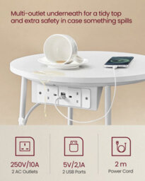 LEDREM Side Table With Charging Station, Round End Table With Power Outlets, Usb Ports, Fabric Basketmatte White And Camel Brown - thumbnail 7