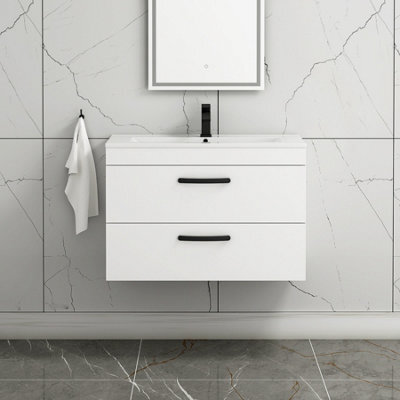 Royal Bathrooms Turin Gloss White 800mm Wall Hung Vanity Unit 2 Drawer With Minimalist Basin Sink & Matt Black Handles - image 1
