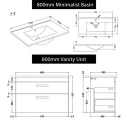 Royal Bathrooms Turin Gloss White 800mm Wall Hung Vanity Unit 2 Drawer With Minimalist Basin Sink & Matt Black Handles - thumbnail 8