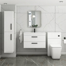 Royal Bathrooms Turin Gloss White 800mm Wall Hung Vanity Unit 2 Drawer With Minimalist Basin Sink & Matt Black Handles - thumbnail 2