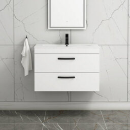 Royal Bathrooms Turin Gloss White 800mm Wall Hung Vanity Unit 2 Drawer With Minimalist Basin Sink & Matt Black Handles - thumbnail 1