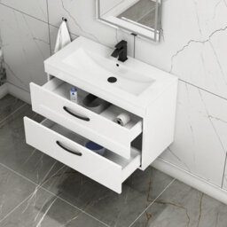Royal Bathrooms Turin Gloss White 800mm Wall Hung Vanity Unit 2 Drawer With Minimalist Basin Sink & Matt Black Handles - thumbnail 5