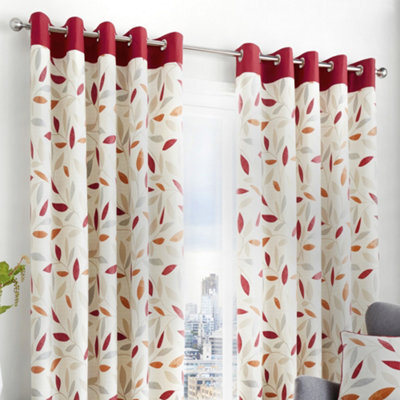 Fusion Beechwood Leaf Trail Pair Of 100% Cotton Red Eyelet Curtains - image 1