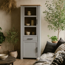 Wyld Haus Bramblecroft Grey And Natural Oak Tall Narrow Display Cabinet 1 Door 1 Drawer