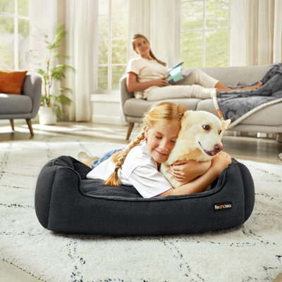 Songmics Large Dog Sofa Bed, Linen-Look Pet Cushion With Raised Borders, Washable Cover, Medium Dog Size, Dark Grey - image 1