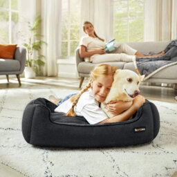 Large Dog Sofa Bed, Linen-Look Pet Cushion With Raised Borders, Washable Cover, Medium Dog Size, Dark Grey