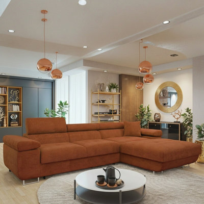 Torezio Mini L Shaped Sofa Bed With Adjustable Headrests Storage Dolfn Mechanism 280X170X70-90Cm Orange Right - image 1