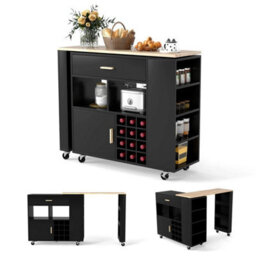 Kitchen Island Cart Bar Table Combo Reversible Mobile Serving Cart Black - thumbnail 1
