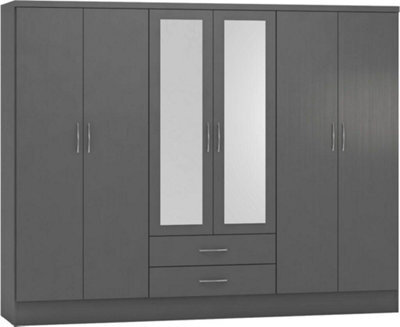 Seconique Nevada 6 Door 2 Drawer Mirrored Wardrobe In 3D Effect Grey Finish - image 1