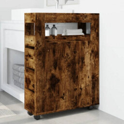 Berkfield Narrow Bathroom Cabinet With Wheels Smoked Oak Engineered Wood - thumbnail 3