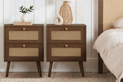 Pair Of Bedside 2 Drawer Cabinet Rattan Croxley Side Table Walnut - image 1
