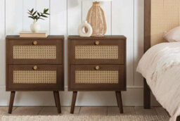 Pair Of Bedside 2 Drawer Cabinet  Rattan Croxley Side Table Walnut