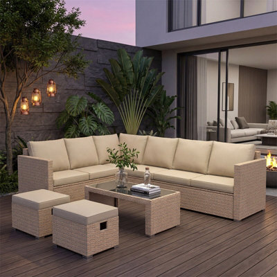 Fenchilin Garden Corner Sofa Set Rattan Sofa With Coffee Table 2 Stools Outdoor Furniture Khaki - image 1