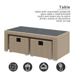 Fenchilin Garden Corner Sofa Set Rattan Sofa With Coffee Table 2 Stools Outdoor Furniture Khaki - thumbnail 5