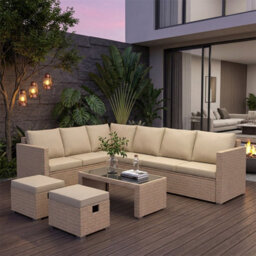 Fenchilin Garden Corner Sofa Set Rattan Sofa With Coffee Table 2 Stools Outdoor Furniture Khaki - thumbnail 1