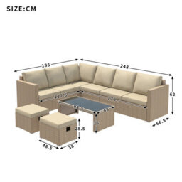 Fenchilin Garden Corner Sofa Set Rattan Sofa With Coffee Table 2 Stools Outdoor Furniture Khaki - thumbnail 3