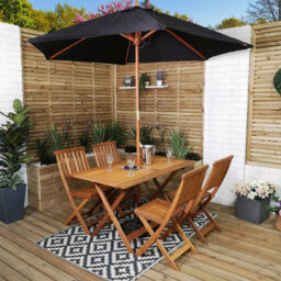 Samuel Alexander Outdoor 4 Person Folding Rectangular Wooden Garden Dining Table Chairs Black Parasol And Base Set - thumbnail 1