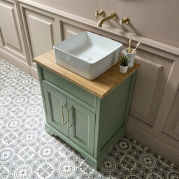 Homestylestore Pastel Green And Oak 645mm Bathroom Vanity Unit With Square Countertop Basin And Brushed Brass T Bar Handles - thumbnail 3