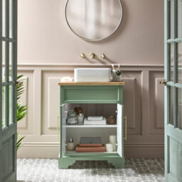 Homestylestore Pastel Green And Oak 645mm Bathroom Vanity Unit With Square Countertop Basin And Brushed Brass T Bar Handles - thumbnail 2