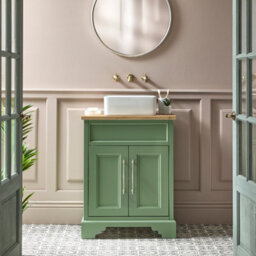 Homestylestore Pastel Green And Oak 645mm Bathroom Vanity Unit With Square Countertop Basin And Brushed Brass T Bar Handles - thumbnail 1