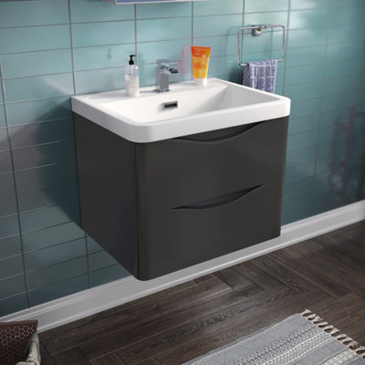 Nes Home Merton 600mm Bathroom Wall Hung Basin Vanity Unit Dark Grey 2 Drawers Soft Close - image 1