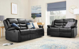 Roma Leather Manual Recliner 3+2 Seater Sofa With Cupholders In Black Colour - thumbnail 1