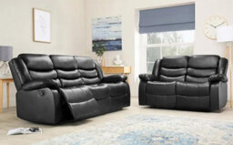 Roma Leather Manual Recliner 3+2 Seater Sofa With Cupholders In Black Colour - thumbnail 2