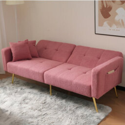 Btm Pink Floding Sofa Bed With Sherpa Surface And Gilded Legs,  Sturdy Wooden Frame 2 Cushions And Side Storage Pockets - thumbnail 7