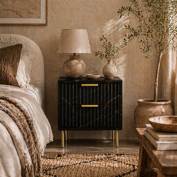 Wyld Haus Selu Art Deco 2-Drawer Bedside Table - Black Marble Finish With Gold Accents, Ribbed Drawers (L40 X D39 X H48Cm) - thumbnail 1