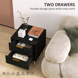 Wyld Haus Selu Art Deco 2-Drawer Bedside Table - Black Marble Finish With Gold Accents, Ribbed Drawers (L40 X D39 X H48Cm) - thumbnail 5