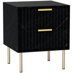 Wyld Haus Selu Art Deco 2-Drawer Bedside Table - Black Marble Finish With Gold Accents, Ribbed Drawers (L40 X D39 X H48Cm) - thumbnail 2