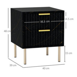 Wyld Haus Selu Art Deco 2-Drawer Bedside Table - Black Marble Finish With Gold Accents, Ribbed Drawers (L40 X D39 X H48Cm) - thumbnail 3