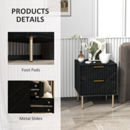 Wyld Haus Selu Art Deco 2-Drawer Bedside Table - Black Marble Finish With Gold Accents, Ribbed Drawers (L40 X D39 X H48Cm) - thumbnail 7