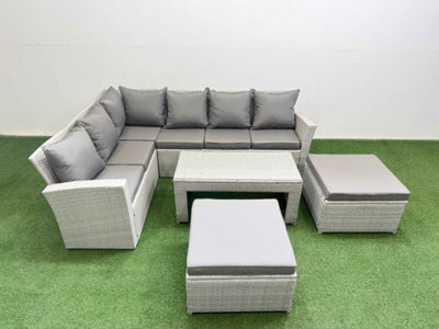 Fimous Rattan Garden Furniture Set Outdoor 8 Seater Corner Sofa Sets With Oblong Coffee Table 2 Big Footstools Light Grey Mixed - image 1