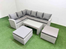 Fimous Rattan Garden Furniture Set Outdoor 8 Seater Corner Sofa Sets With Oblong Coffee Table 2 Big Footstools Light Grey Mixed - thumbnail 2