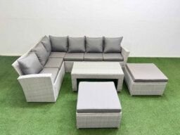 Fimous Rattan Garden Furniture Set Outdoor 8 Seater Corner Sofa Sets With Oblong Coffee Table 2 Big Footstools Light Grey Mixed - thumbnail 1
