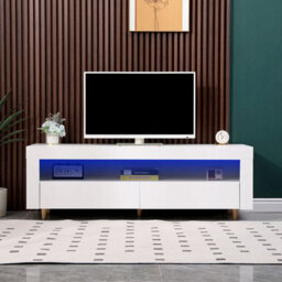 "MMT Funiture Designs White Tv Stand Cabinet 140Cm On Legs For 55"" - 65"" Tv's, Tv Unit With Lights"