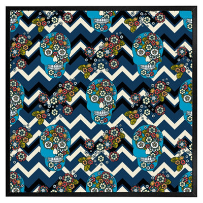 "Andrew Lee Embroidery Colourful Simplified Ethnic Skull Blue Pattern (Picutre Frame) / 12X12"" / Black" - image 1